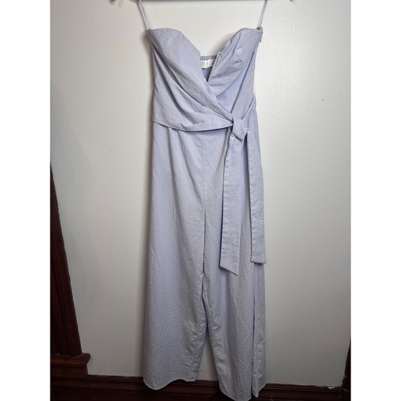ASTR the Label Pants - ASTR the Label Strapless Wrap Front Wide Leg Jumpsuit Light Blue XS Smocked Back